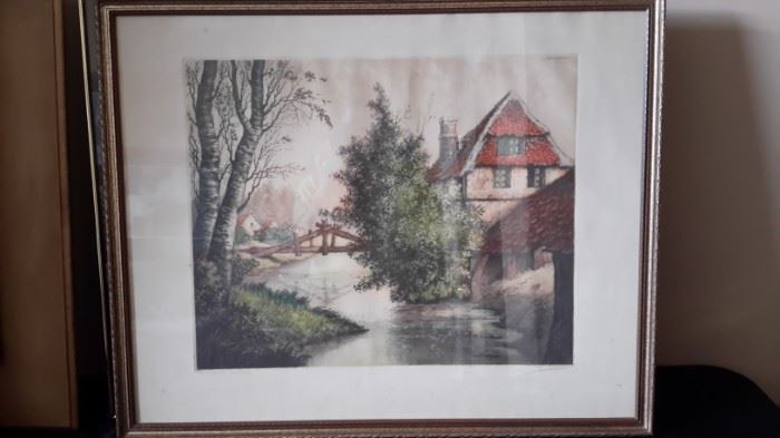Framed original French etching by Barnaix, "Houses in Malines, Belgium".