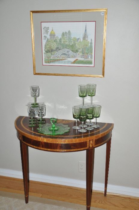 Lovely Councill foyer/side table perfect for entertaining shown with terrific depression green glass dessert plate with handle and two sets of green glass wine glasses