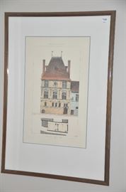 Double matted and framed antique French architectural print.  22” x 32”. 