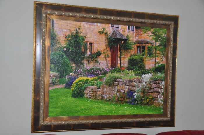 Fantastic acrylic on canvas countryside garden scene framed in an antique gold heavy frame, 50” x 40”