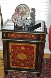 Amazing French painted glass and black painted wood side table/small chest with one drawer. 22”w x 29”h x16”d
