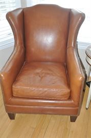 Super comfy caramel leather Wing Back Chair with nail head design by Henredon, 34”w x 39”h x 40”d