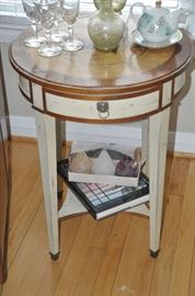 Petite Marjolet two tier French painted 21” round Side Table with one drawer 