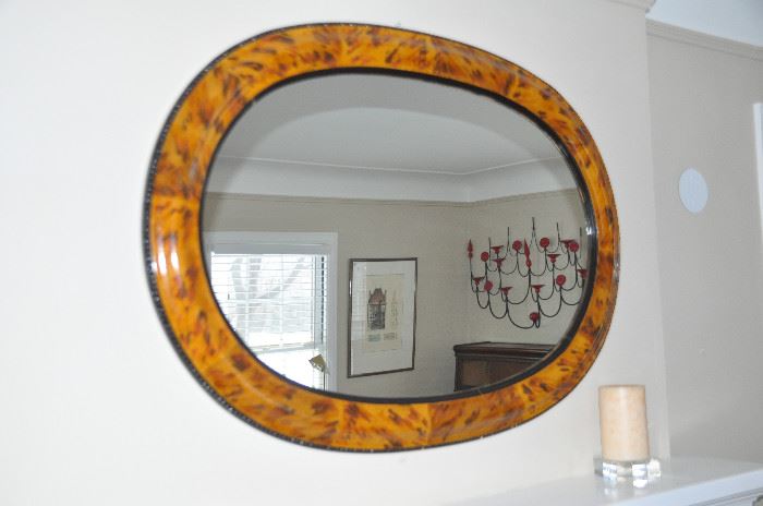 Tortoise design painted wooden oval mirror with beaded trim, 43” x 31” 