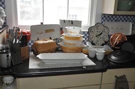 Great Henckels 8 piece stylus stainless steel knife set, 3 qt. orange cast iron Technique cooker, bread tray by Magenta, 4 piece vintage Pyrex bowl set, 6 piece Wustof steak knife set with block and much more! 