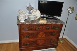 Antique flame mahogany four drawer dresser with marble top, 44”w x 20”d x 33”h
