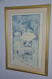 Double matted and framed French watercolor print. 30” x 44”. 