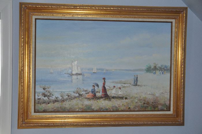 Wonderfully framed acrylic on canvas French beach scene matted and gold framed by Du Bois. 45” x 32” 