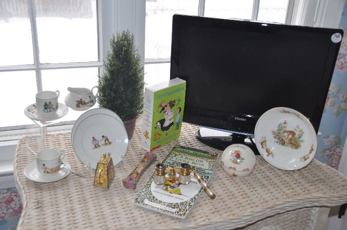 Haier 19” TV shown with vintage royal Doulton Bunnykins bank and a vintage children’s tea set made in the USA