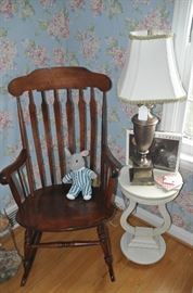 Vintage rocking chair by Nichols and Stone and a petite painted 14” round side table