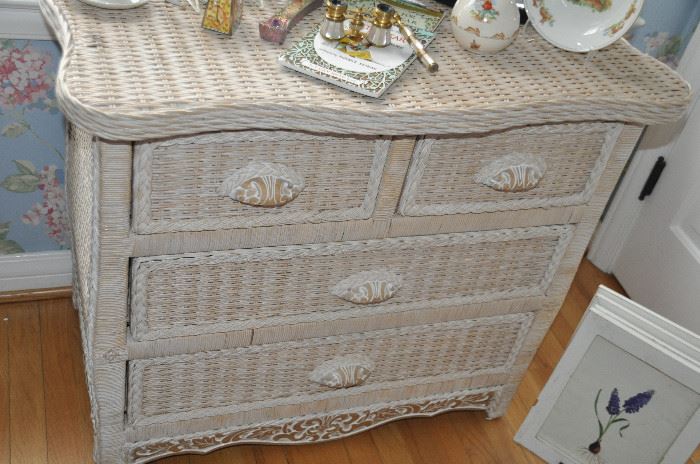 Four drawer painted faux wicker chest , 34”w x 21”d x 30”h. 