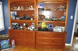 A pair of 3 drawer cherry dressers with hutches by Impressions for Thomasville, dresser is 44” w x 30”h x 18”d. Lighted Hutch is 45”h x 11”d 