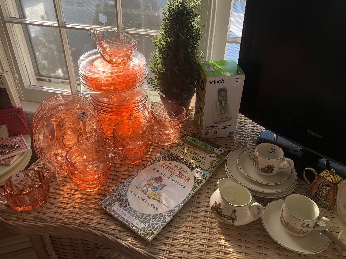 Wonderful pink depression glass dessert plates, cups and saucers