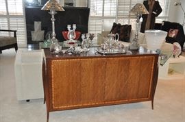 Spectacular cherry with exotic inlay banding Storage Buffet Server by Baker Furniture, made in USA,   55.5"w x 31"h x 18"d