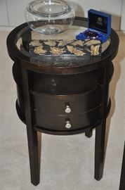 Petite mahogany side table with glass top and brushed nickel hardware, 18"w x 26"h