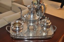 Lovely vintage silver-plate 3 piece tea set on a 17" silver-plate tray