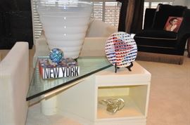 Custom made geometric ivory lacquer side table with 3/4" glass top (as is) and one open shelf, 32"w x 17.5"h x 32"d