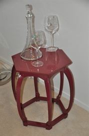 Red lacquer hexagon side table, 16"w x 20"h shown with a pair of NEW Tiffany wine glasses and a fabulous contemporary Rosenthal decanter