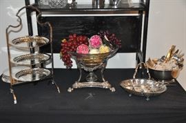 Vintage Castilian Imports centerpiece bowl shown with vintage  silver-plate Reed & Barton 5-pc. place setting, service for 12+ and other great silver-plate serving pieces