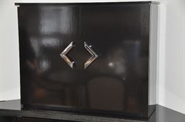 Exquisite custom made black lacquer table top jewelry cabinet with stainless handles, 36"w x 28"h x 12"d