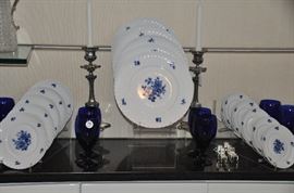 Royal Tettau, Rose China made in Germany, service for eight, 5-pc. place setting shown with an antique pair of ornate 13”  Wilcox silver-plate candle sticks, with removable bobeches