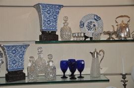 Another view of the Maitland-Smith  vase/planters and a Blue Danube reticulated “Onion” plate, an antique silver-plate Elkington & Co. etched teapot and more. 