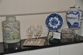 Another Mainland-Smith ceramic ginger jar with metal lid, a Delft footed shallow bowl/plate, an Asian-themed painted ginger jar with lid, a Waterford cut crystal bowl and more!