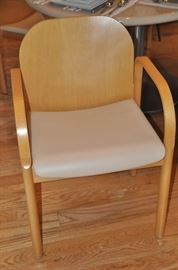 Fantastic set of 6 mid-century armed beech wood by Ingles dining chairs with ivory vinyl upholstery by Ingles, 22”w x 32”h x29”d 