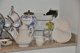 Three Apilco oval baking dishes, vintage Delft lidded tobacco jar, wonderful  set of 6 B. Goldsmith Design for Deruta, Italy ceramic mugs and more. 