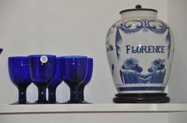 A wonderful Maitland-Smith Florence ceramic ginger jar with metal lid, shown with 5 of the 10 cobalt blue heavy footed goblets. 