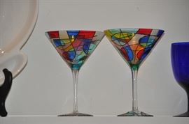 Two of the several hand painted Royal Danube mosaic martini glasses, made in Romania. 