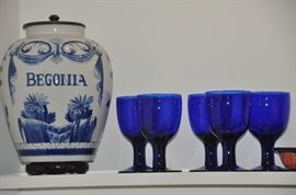 Terrific Mainland-Smith Begonia porcelain ginger jar with metal lid shown with additional cobalt blue heavy footed goblets  