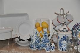 Great kitchenware including an Apilco rectangle baker, a 3-pc. Delft cruet set, another Delft vintage tobacco jar with lid and much more. 