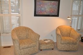 Great pair of super comfy rocking barrel chairs with one matching ottoman