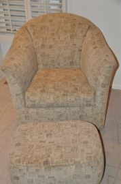 Beige and light brown upholstered fabric, lounge chair is 34”w x 32”h x 35”d 
