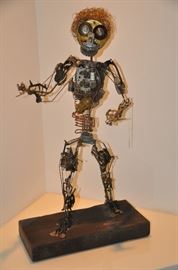 Contemporary metal sculpture by P.A. Freeman on wooden base, 16"w x 30"h x 7"d