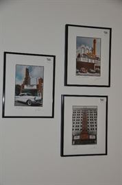 Framed and matted hand painted color photographs of three local theaters by Michigan artist Jan Kaulins, overall size is 8” x 10”