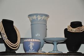 Just a sample of the many strands of pearls available. Also shown is lovely blue vintage Wedgwood