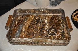 Fabulous large heavy vintage tray filled with gold tone and tiger eye necklaces and bracelets