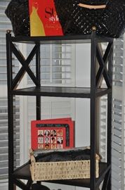 Wonderful vintage wrought iron with 5 wooden (as is) inset shelves etagere, 22”w x 65”h x 17”d