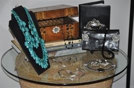 More sterling silver jewelry and leather goods shown with a double strand necklace and a fabulous antique wooden inlay and mother of pearl letter box! 