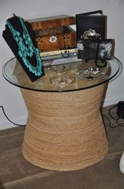 Great contemporary jute wrapped glass top side table from Crate and Barrel, glass top 24” round and base is 19” round 