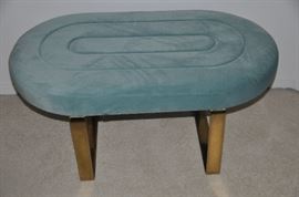 Mid Century turquoise  velvet oval stool with polished brass base byTriMark, 36"w x 16.5"h x 20"d