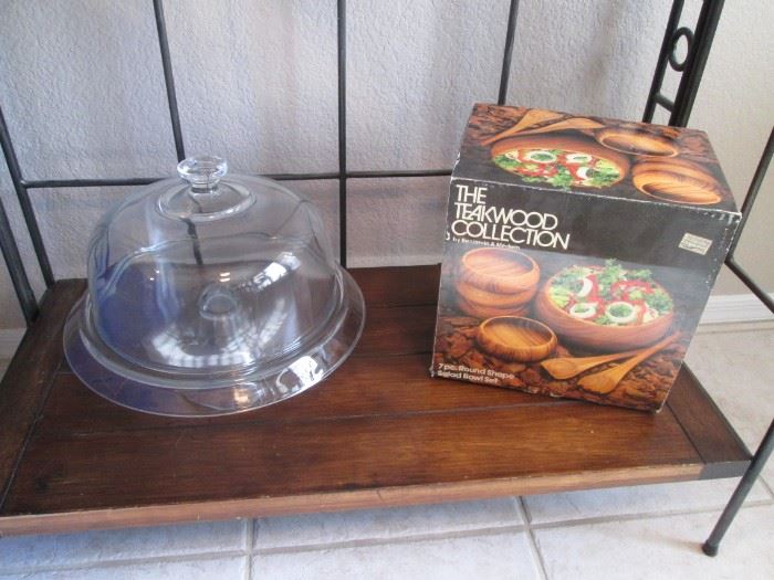 Teak Salad Bowl Set & Glass Cake Platter with Dome