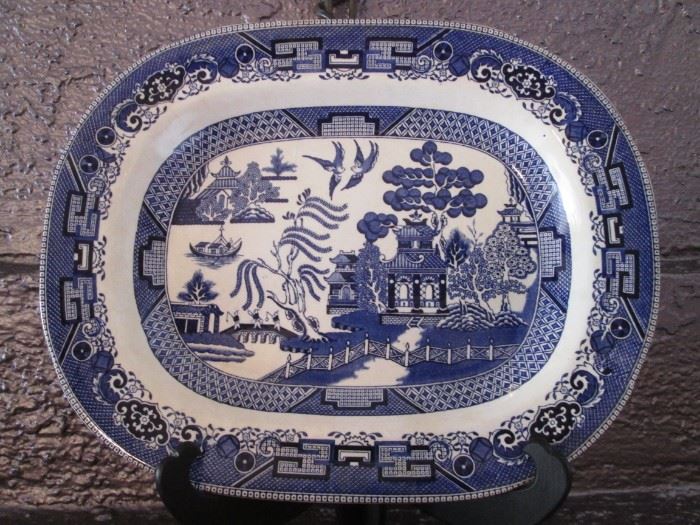 Flow Blue 14" Willow Platter by Buffalo Pottery