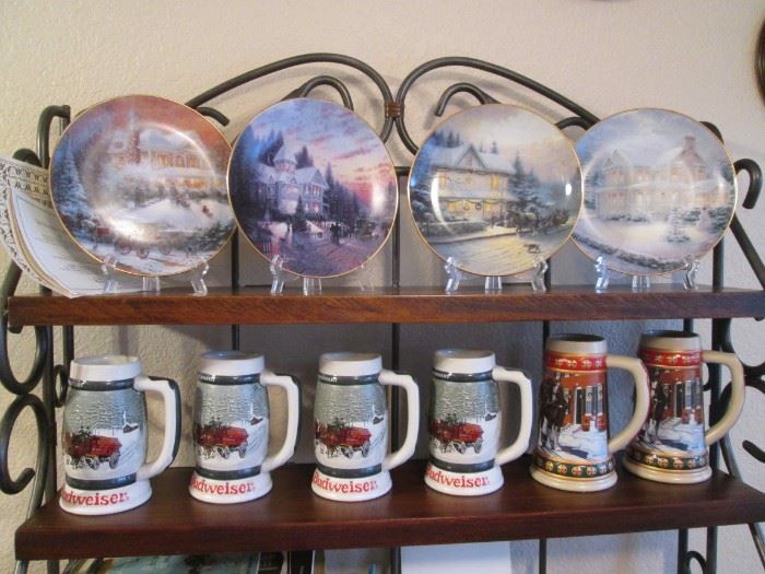 6-Steins, 4 are "Budweiser". Collectible Plates by Thomas Kinkade