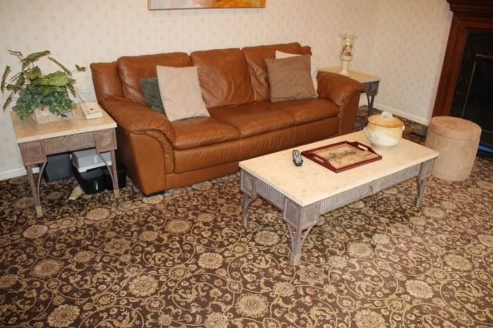 Leather Sofa, Coffee Table and Pair of Side Tables with Accent Pillows and Assorted Decorative and Contemporary Rug