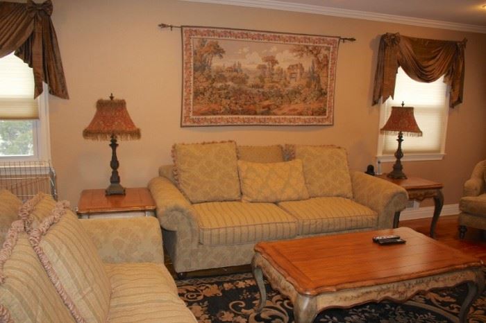 Pair of Sofas, Coffee Table, Side Tables, Pair of Lamps and Tapestry