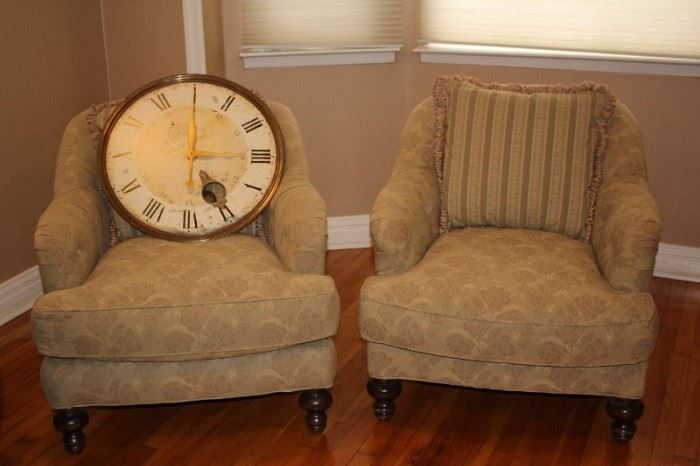 Pair of Upholstered Chairs and Wall Clock