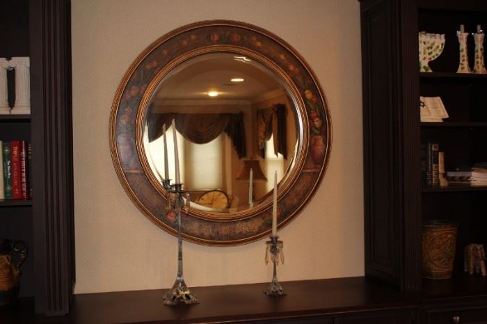 Round Decorative Mirror and Candlesticks